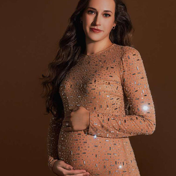 Momsmood Sparkly Diamond Rhinestone Mesh Slit Long Sleeve Mermaid Sheer Maternity Photoshoot Elegant Party Maxi Dress