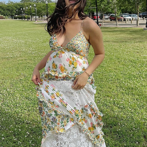 Momsmood V neck Lace-up Stamp Duty Spaghetti Strap Spliced Beach Vacation Baby Shower Maternity Photoshoot Maxi Dress