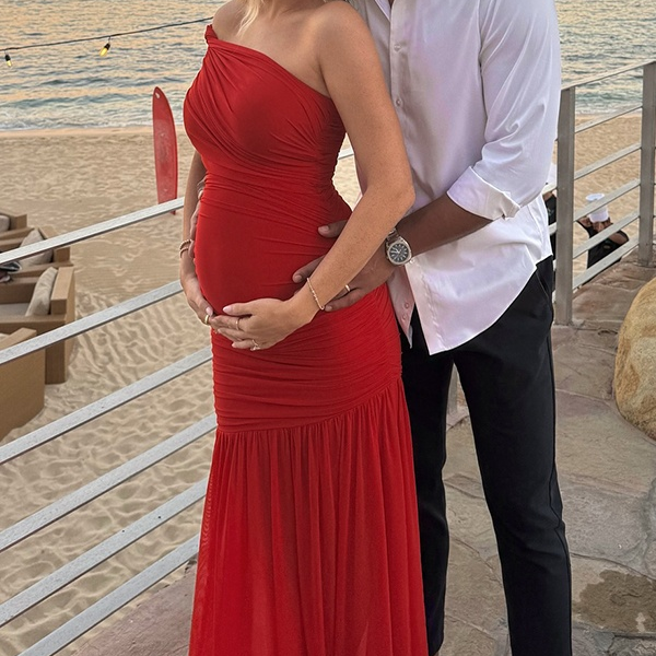 Momsmood Red Side Slit Oblique Shoulder Ruched Banquet Ceremony Baby Shower Maternity Photoshoot Maxi Dress