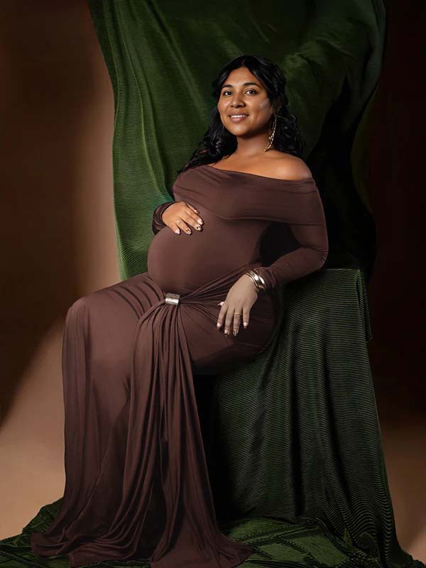 Momsmood Off Shoulder Draped Ruched Metal Buckle Bodycon Elegant Maternity Photoshoot Maxi Dress