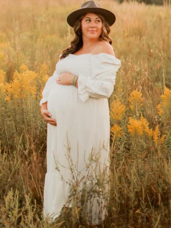 Momsmood White Ruffle Ruched High Waist Puff Sleeve Cute Photoshoot Maternity Maxi Dress