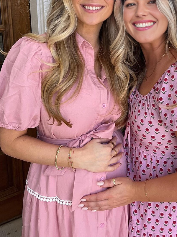 Momsmood Pink Lace-up Buttons Ruched Puff Sleeve Daily Going out Baby Shower Maternity Photoshoot Maxi Dress