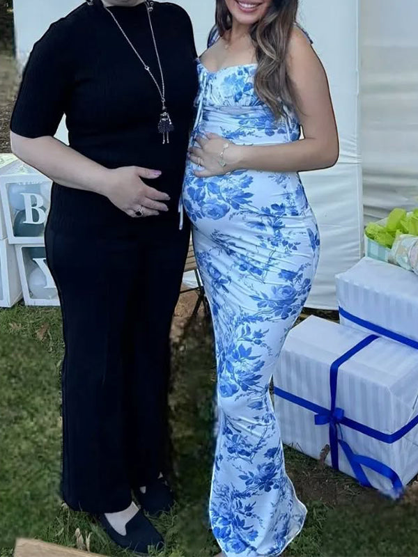 Momsmood Lace-up Spaghetti Strap Stamp Duty Party Banquet Baby Shower Maternity Photoshoot Maxi Dress