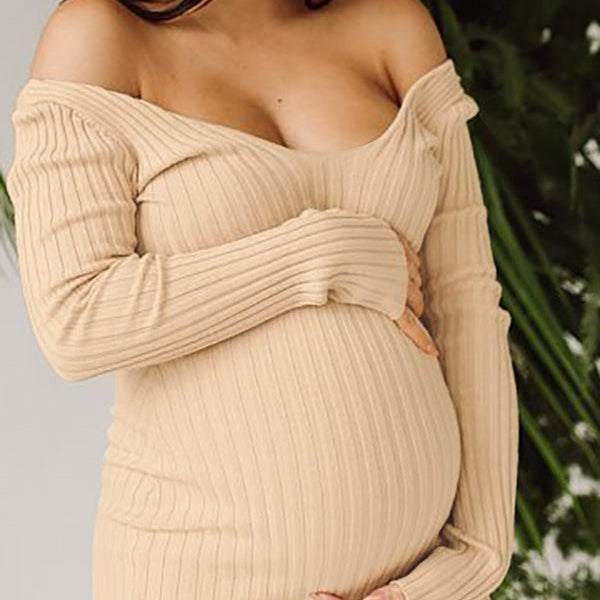 Momsmood Apricot Off Shoulder Boat Neck Elegant Long Sleeve Baby Shower Maternity Photoshoot Sweater Dress
