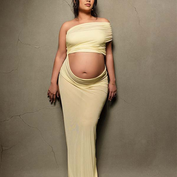 Momsmood 2-in-1 One Shoulder Side Slit Grenadine Sheer Photoshoot Maternity Maxi Dress