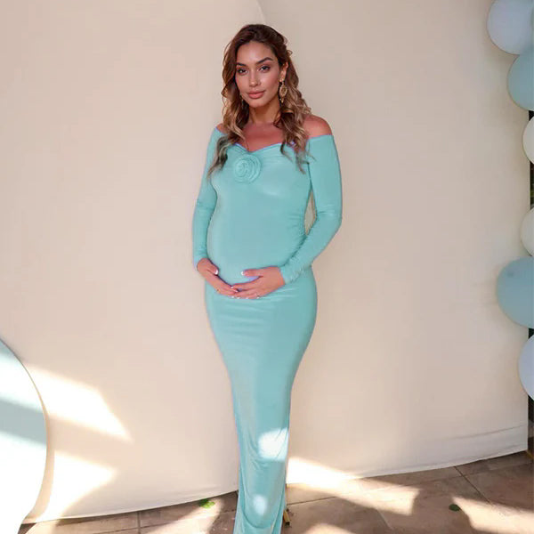 Momsmood 3D Flower Shoulder Flare Sleeve Mermaid Bodycon Elegant Gender Reveal Baby Shower Maternity Maxi Dress