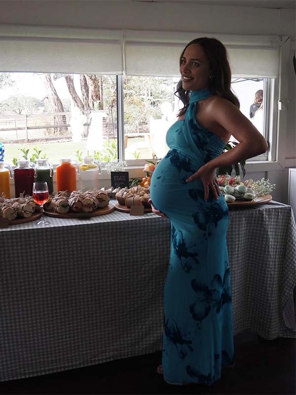 Blue Wrap Floral Ruched Baby Shower Maternity Maxi Dress