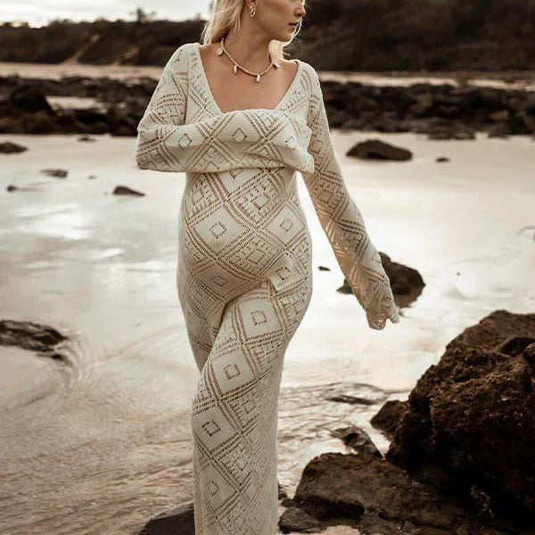 Apricot Cut Out Sheer Knit Photoshoot Maternity Maxi Dress