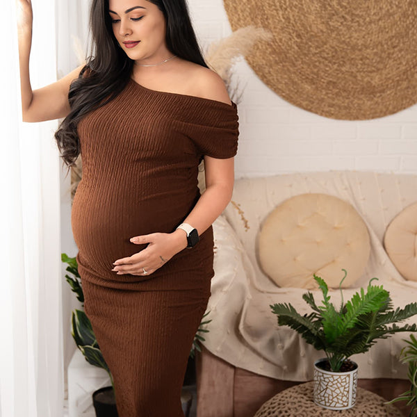 Momsmood Dark Brown One Shoulder Smocked Bodycon Elegant Photoshoot Baby Shower Maternity Maxi Dress