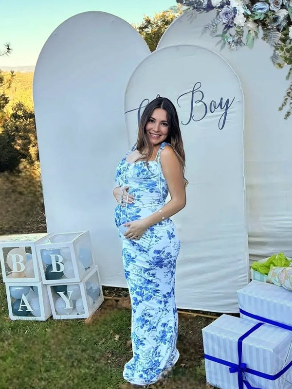 Momsmood Lace-up Spaghetti Strap Stamp Duty Party Banquet Baby Shower Maternity Photoshoot Maxi Dress