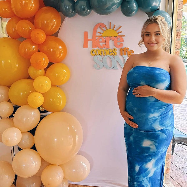 Momsmood Lake Blue Stamp Duty Side Slit Open Back Party Banquet Baby Shower Maternity Photoshoot Maxi Dress