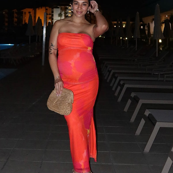 Momsmood Red-Orange Color Stamp Duty Side Slit Vacation Beach Baby Shower Maternity Photoshoot Maxi Dress