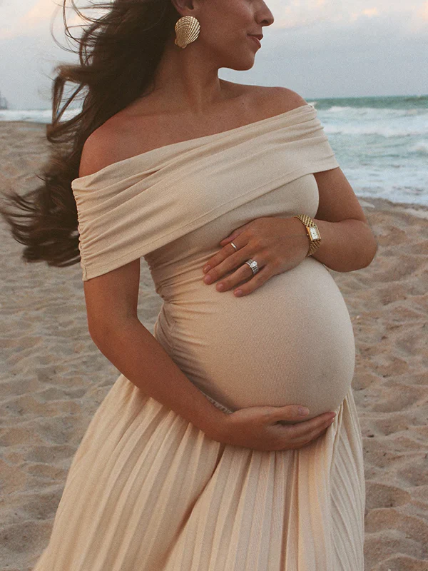 Momsmood Apricot Off Shoulder Ruched Pleated Big Swing Elegant Evening Gown Maternity Boho Photoshoot Baby Shower Maxi Dress