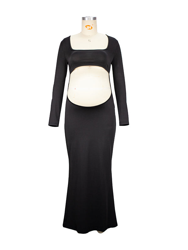 Momsmood Black Cut Out Mermaid Crop Long Sleeve Backless Bodycon Cocktail Club Party Photoshoot Maternity Maxi Dress