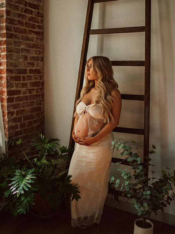 Momsmood 2 Piece Lace Tube Tie Ruffle Elegant Fashion Bodycon Vacation Photoshoot Baby Shower Maternity Maxi Dress