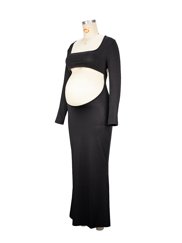 Momsmood Black Cut Out Mermaid Crop Long Sleeve Backless Bodycon Cocktail Club Party Photoshoot Maternity Maxi Dress