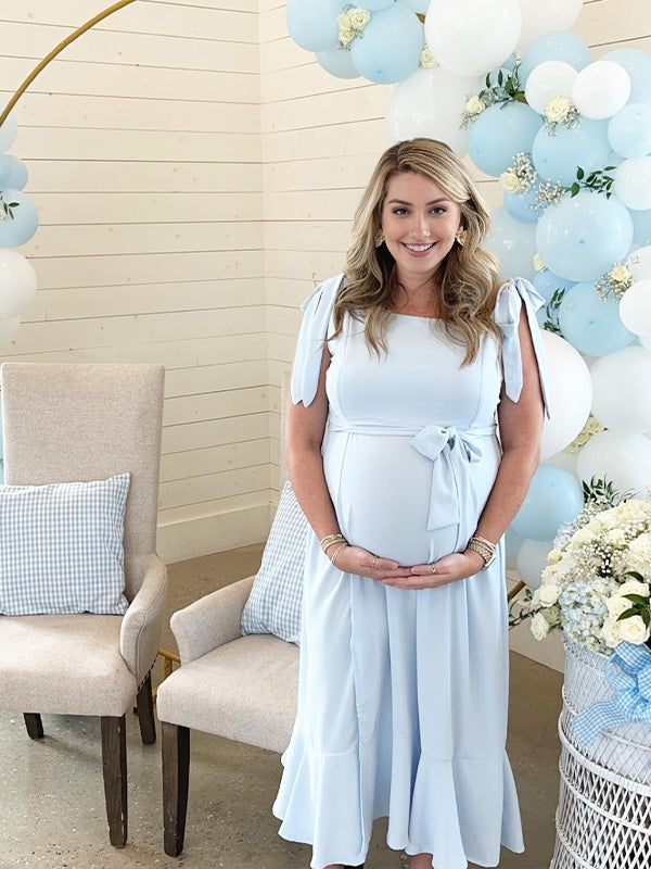 Momsmood Blue Lace-up Spaghetti Strap Side Slit Flouncy Party Banquet Baby Shower Maternity Photoshoot Maxi Dress