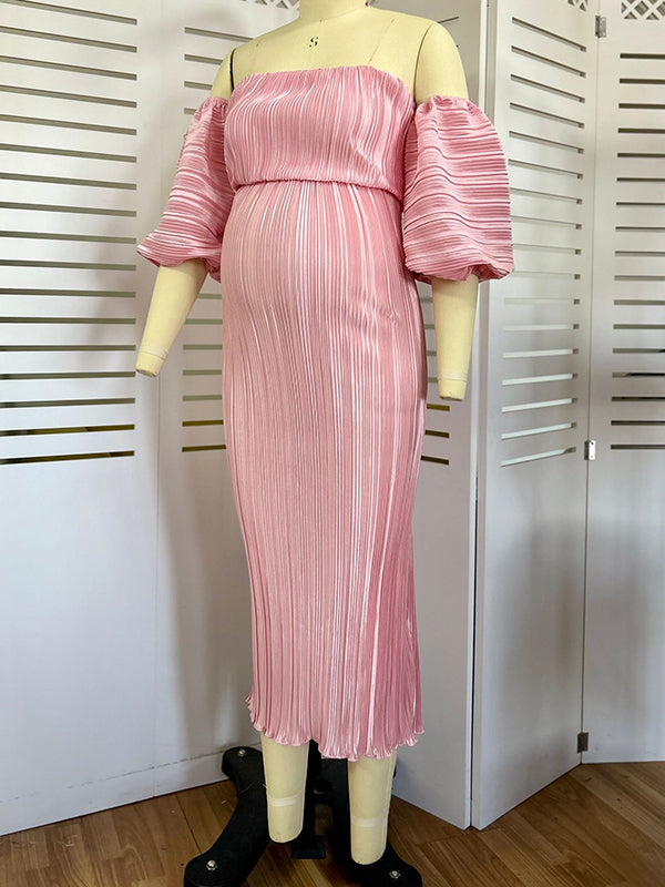 Momsmood Pink Off Shoulder Bandeau Ribbed Pleated Bodycon Puff Sleeve Evening Gown Baby Shower Maternity Maxi Dress