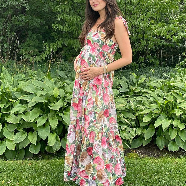 Momsmood Lace-up Spaghetti Strap Stamp Duty Vacation Beach Baby Shower Maternity Photoshoot Maxi Dress