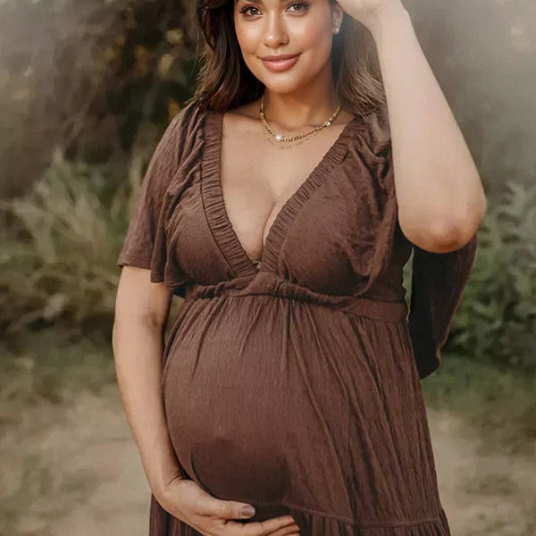 Momsmood Boho Solid Color V-Neck Backless Flare Sleeve High Waist Photoshoot Maternity Maxi Dress