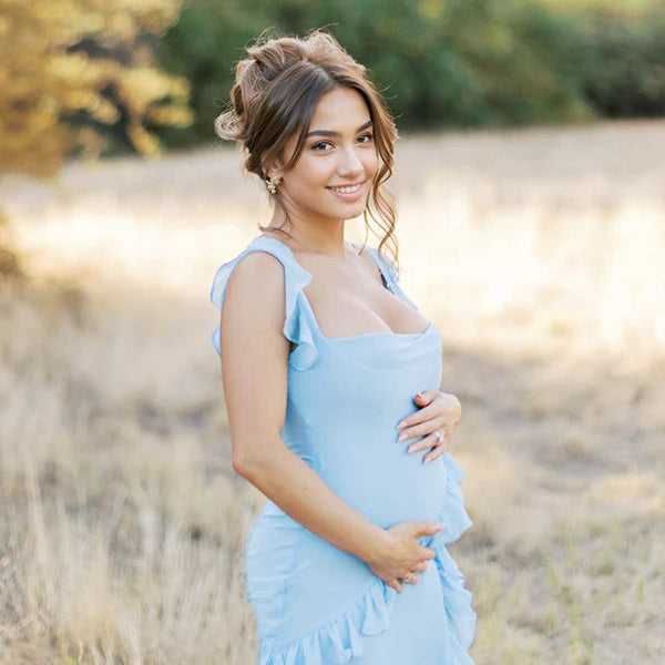 Momsmood Solid Color Ruffle Tulle Falbala Side Slit Tank U-neck Elegant Cocktail Party Maternity Photoshoot Baby Shower Maxi Dress
