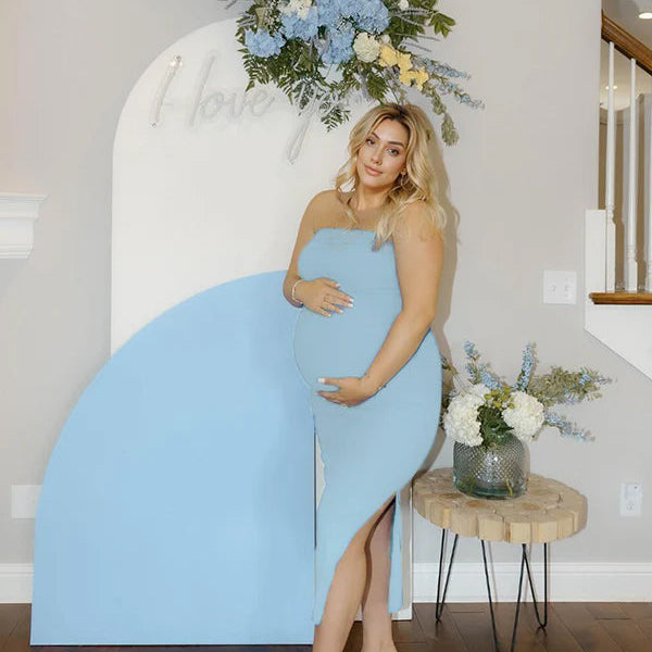 Momsmood Blue Knit Bandeau Side Slit Strapless Bodycon Eleagnt Going Out Maternity Photoshoot Baby Shower Maxi Dress