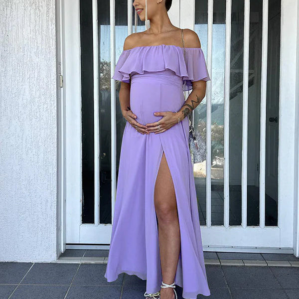 Momsmood Flowy Chiffon Off Shoulder Ruffle Falbala Side Slit Big Swing Elegant Evening Gown Maternity Photoshoot Baby Shower Maxi Dress