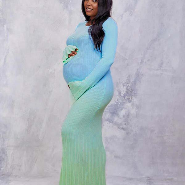 Momsmood Light Blue Hit Color Flare Sleeve Mermaid Elegant Photoshoot Baby Shower Maternity Maxi Sweater Dress