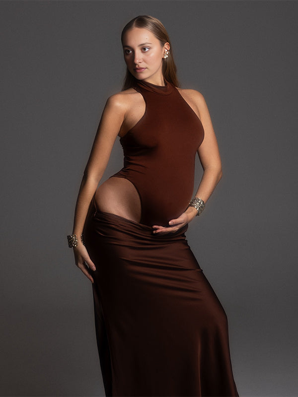 Momsmood Color Splicing Cut Out Band Neck Bodycon Elegant Party Photoshoot Baby Shower Maternity Maxi Dress