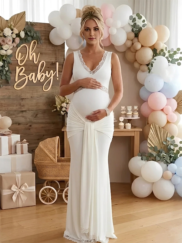 white maxi dress for pregnant Elegant Lace Maternity Photoshoot Baby Shower Gender Reveal Ruched Draped Flowy Gown Momsmood subcategory2:Costumes Gwen Black Double-Breasted Dress Size:2XL/Fit Waist 31.5