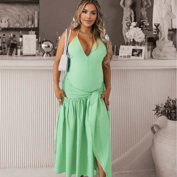 Green Side Slit Backless Bodysuit Baby Shower Maternity Maxi Dress
