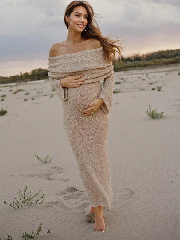 Momsmood Solid Color Off Shoulder Knitwear Bodycon Beach Vacation Dress Baby Shower Maternity Maxi Dress