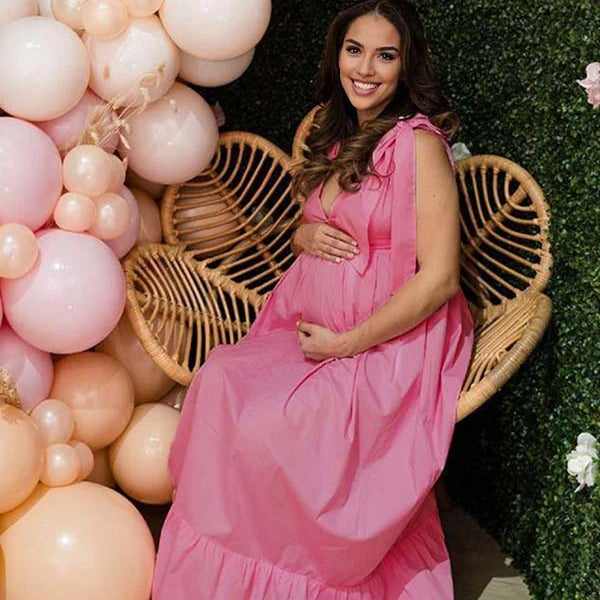 Momsmood Pink V neck Lace-up Open Back Banquet Party Baby Shower Maternity Photoshoot Maxi Dress
