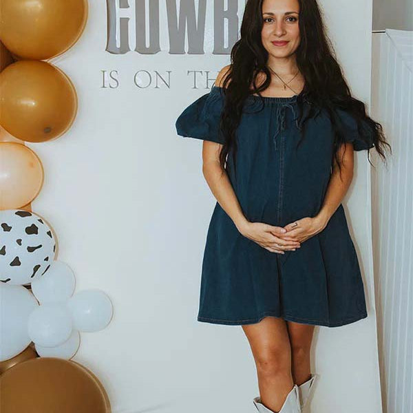 Dark Blue Denim Pockets Bow Baby Shower Maternity Mini Dress