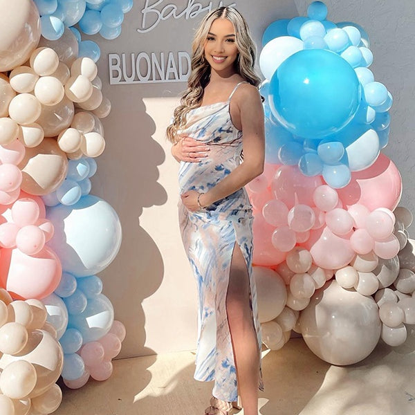 Momsmood Spaghetti Strap Stamp Duty Ruched Vacation Beach Baby Shower Maternity Photoshoot Maxi Dress