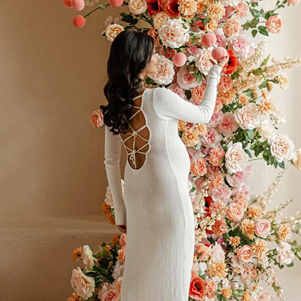 Momsmood White Backless Lace Up Bodycon Elegant Photoshoot Baby Shower Maternity Maxi Dress