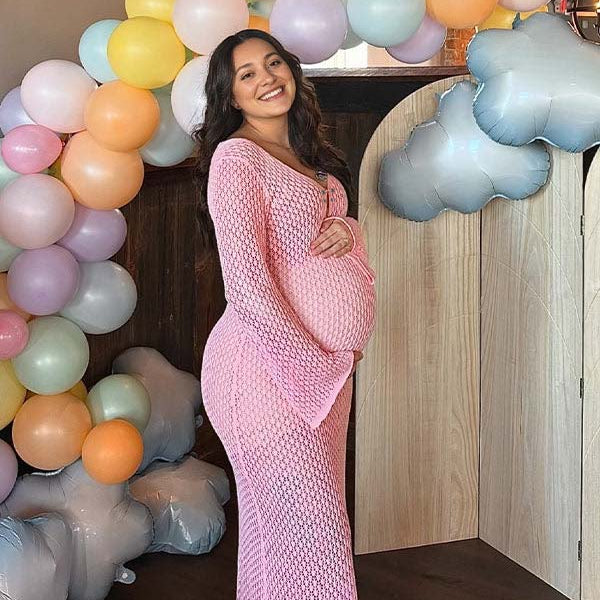 Momsmood Pink Cut Out Knit V-neck Flare Sleeve Backless Elegant Photoshoot Baby Shower Maternity Maxi Dress