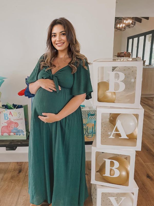 Momsmood Bow Flutter Sleeve Solid V-neck Flowy Vacation Beach Cute Baby Shower Photoshoot Maternity Maxi Dress