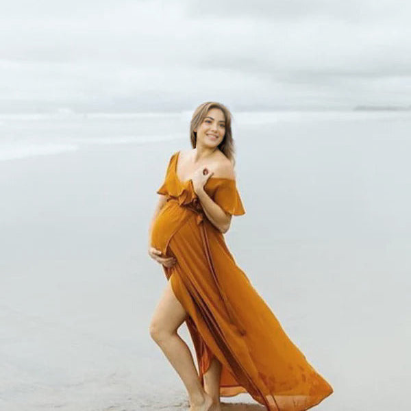 Momsmood Ginger Yellow Flowy Ruffle Falbala Wrap Side Slit Big Swing Elegant Baby Moon Beach Vacation Gown Boho Maternity Photoshoot Baby Shower Maxi Dress