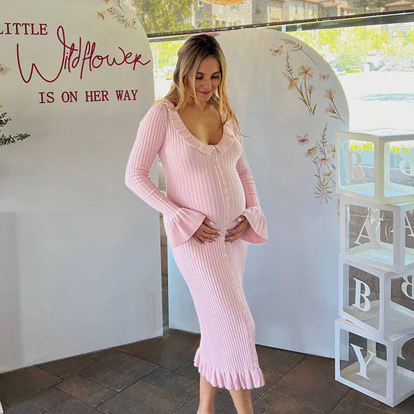 Momsmood Pink Knit Falbala Ruffle Hem Single Breasted Flare Sleeve Bodycon Elegant Hoing Out Maternity Babyshower Maxi Sweater Dress