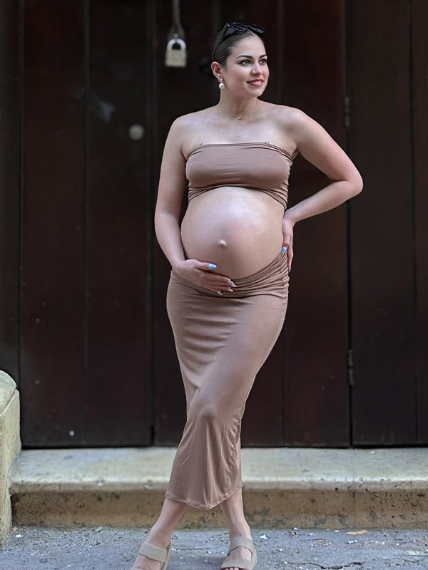 Skin Colour Two Piece Bodycon Maternity Photoshoot Maxi Dress