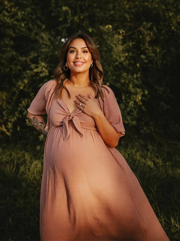 Momsmood Bow Flutter Sleeve Solid V-neck Flowy Vacation Beach Cute Baby Shower Photoshoot Maternity Maxi Dress