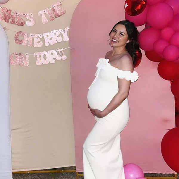 White Off Shoulder Ruffle Tie Bodycon Shower Maternity Maxi Dress