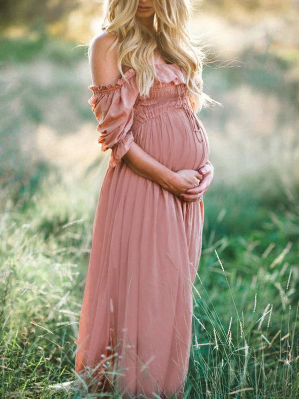 Momsmood Maternity Pink Ruffle Smocked Off Shoulder Boat Neck Baby Shower Photoshoot Maxi Dress