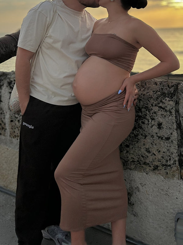 Skin Colour Two Piece Bodycon Maternity Photoshoot Maxi Dress