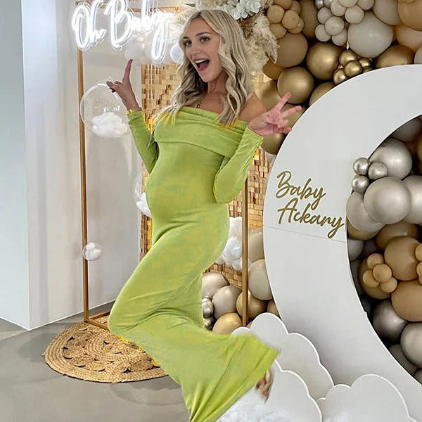 Momsmood Green Ruched Off Shoulder Bodycon Elegant Cocktail Party Gown Maternity Photoshoot Baby Shower Maxi Dress