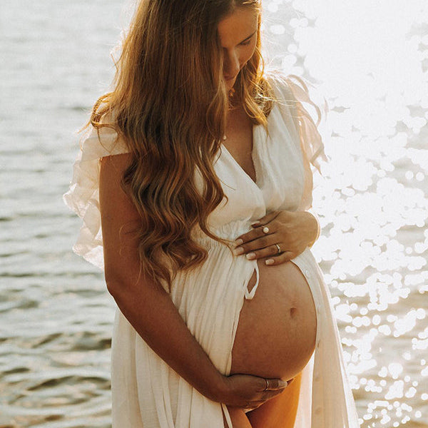 Momsmood White Deep V Neck Button Down Boho Beach Bikini Cover Up Dress Party Photoshoot Maternity Dress