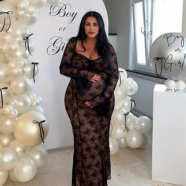 Momsmood Black Lace Bow Grenadine Flare Sleeve Mermaid Back Lace Up Photoshoot Baby Shower Maternity Maxi Dress