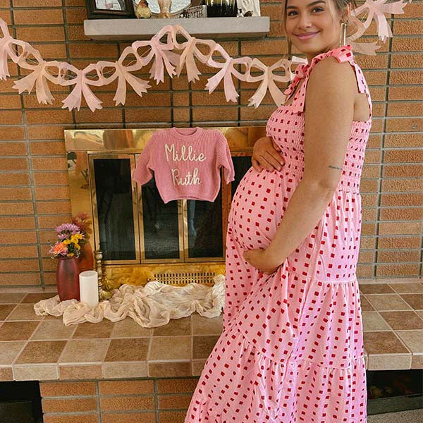 Momsmood Bow Smocked Polka Dot Flowy Gender Reveal Baby Shower Maternity Maxi Dress