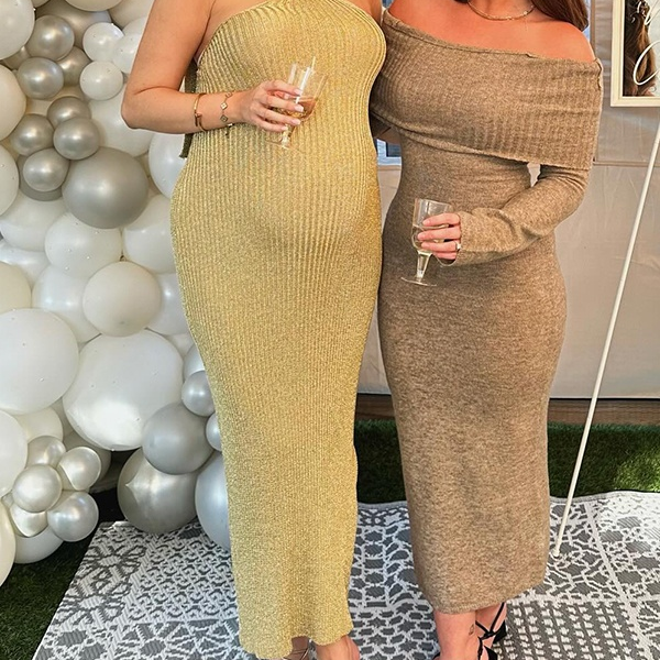 Momsmood Yellow Halter Neck Bodycon Crochet Ceremony Banquet Baby Shower Maternity Photoshoot Maxi Dress